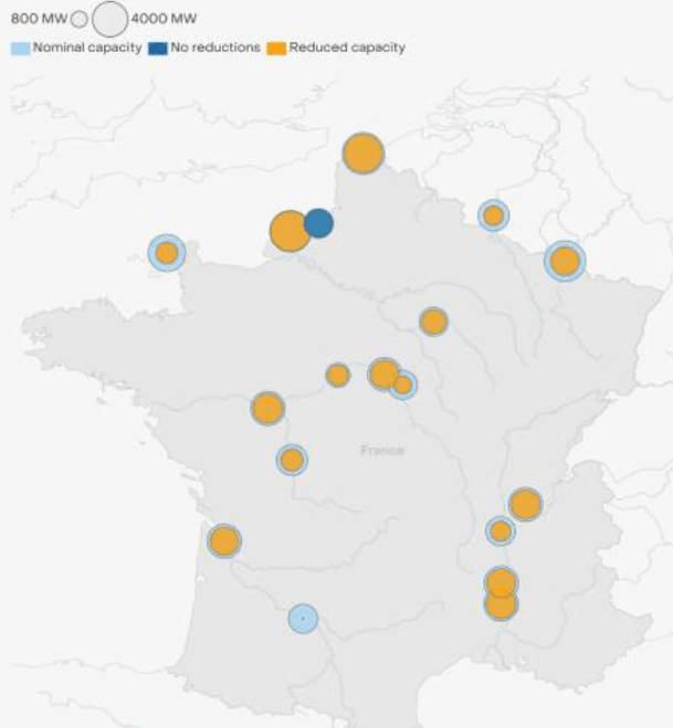 Keeping the lights on in a hotter, drier Europe - Map of French nuclear capacity reductions in June 2025.png